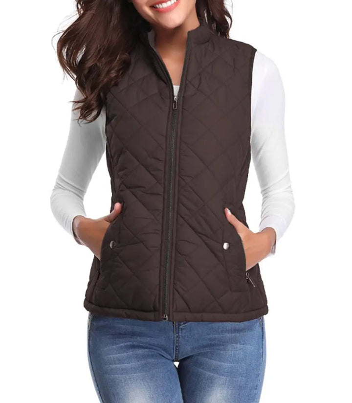 Comfortable zip-up women's quilted vest, lightweight and warm for cool weather.