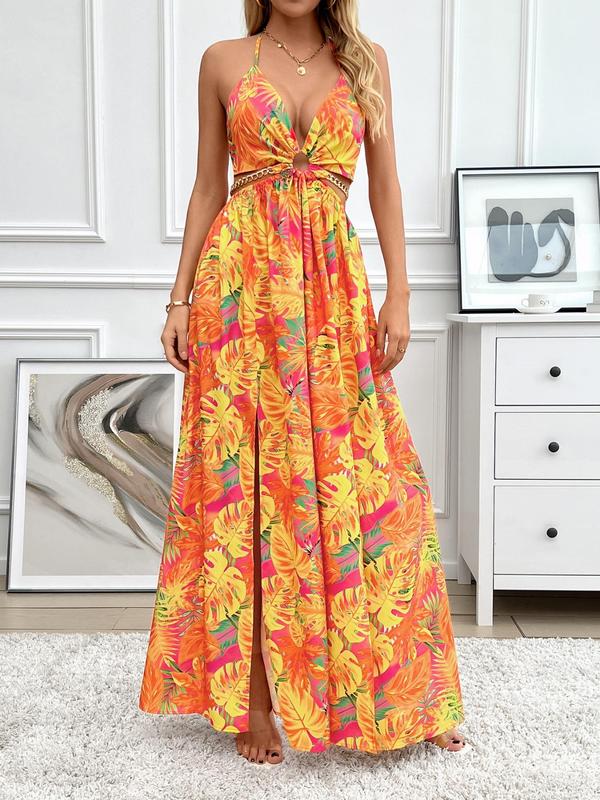 Full-length women's floral maxi dress with vibrant radiant print, v-neck & flowy skirt. Great for summer vacations.
