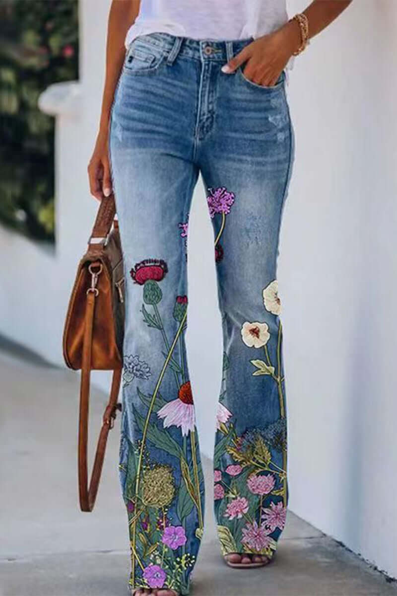 Women's regular fit jeans with elegant floral embroidery. Casual, stylish, and unique women's pants.