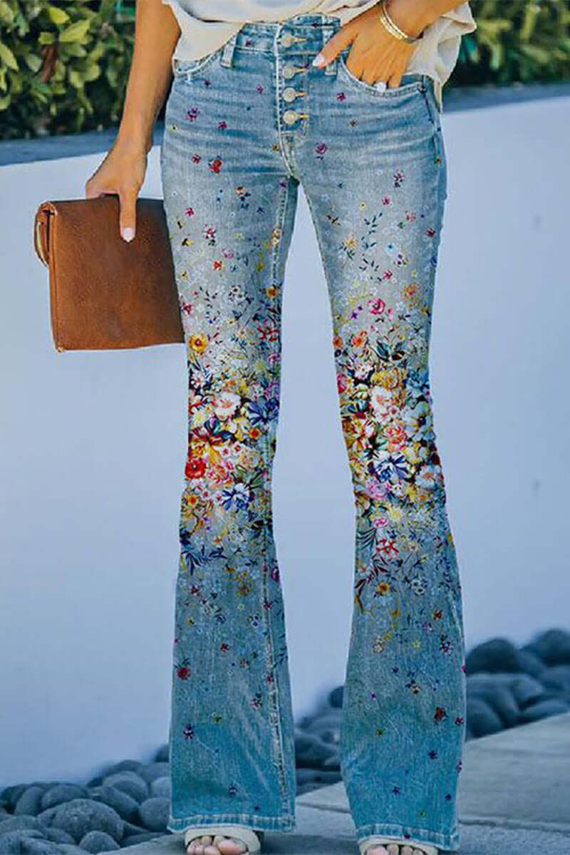 Stylish women's floral embroidered regular fit jeans. Unique casual pants for a comfortable, trendy look.