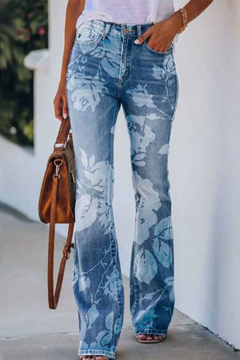 Versatile women's regular fit jeans with vibrant floral embroidery. Ideal for everyday chic casual wear.