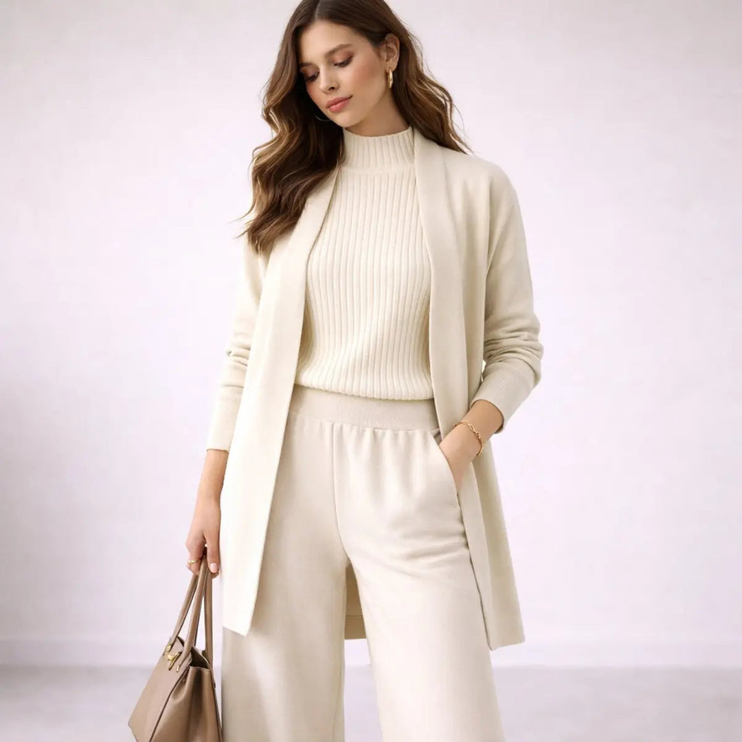 Women's relaxed 3-piece lounge set: long cardigan, chic top & wide-leg pants. Perfect casual matching co-ord.