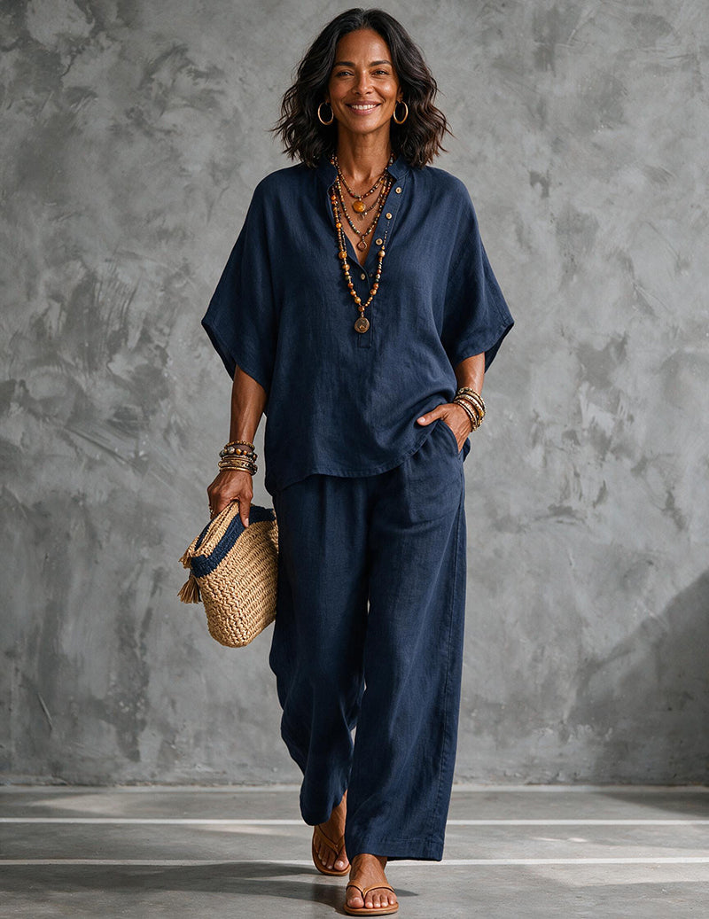 Women's elegant relaxed fit matching set. Batwing sleeve top & wide-leg trousers for resort.