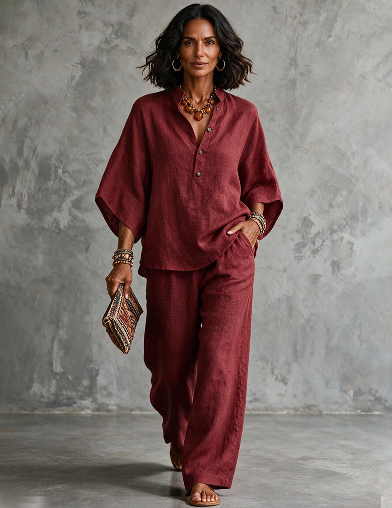 Women's wide-leg pants, part of a relaxed batwing top set. Comfortable & chic for summer.
