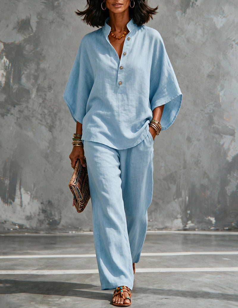 Women's comfortable batwing top & wide-leg pants set, perfect for lounging or resort style.