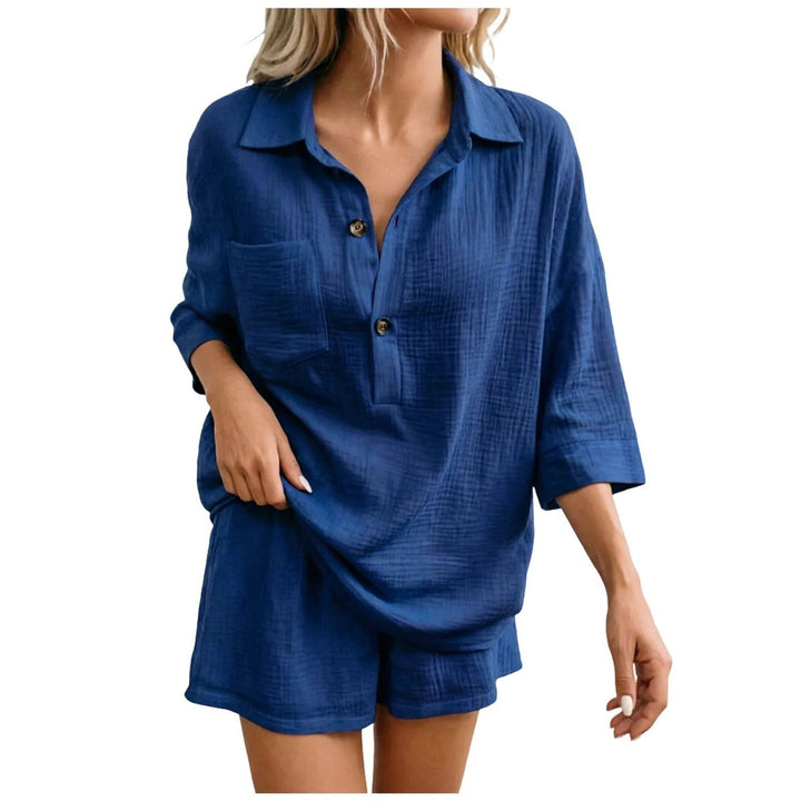 Women's relaxed blue shirt & shorts co-ord set, perfect for summer casual or holiday wear.