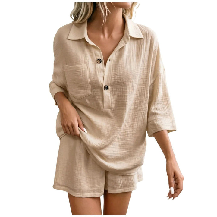 Khaki women's matching relaxed shirt and shorts set, ideal for a comfortable summer casual outfit.