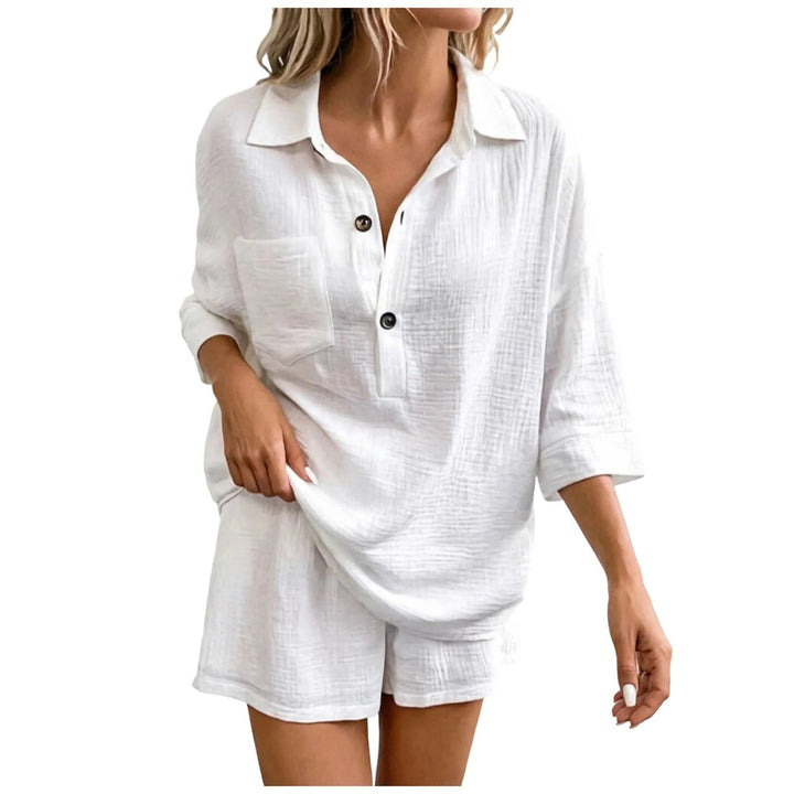 Orange women's summer relaxed shirt & shorts set, a vibrant casual two-piece for warm weather.