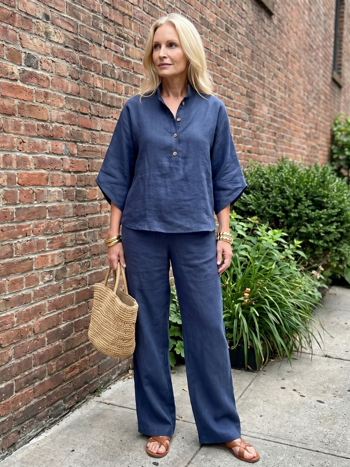 Comfortable women's fashion two-piece set with a button front tunic and straight trousers.