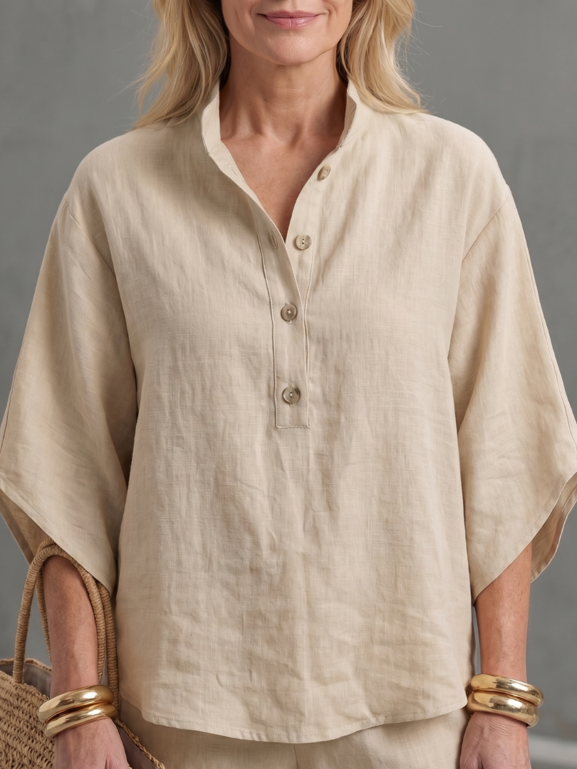 Women's versatile button front tunic and trouser set, great for relaxed casual style.