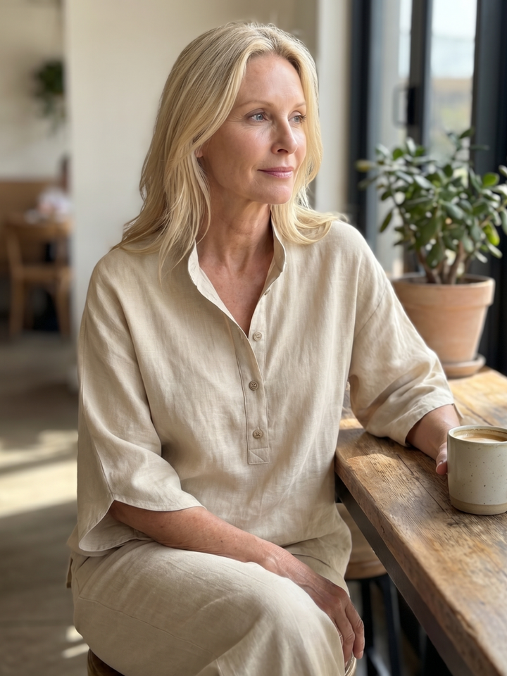 Women's two-piece casual set: button-front tunic and comfortable straight-leg trousers.