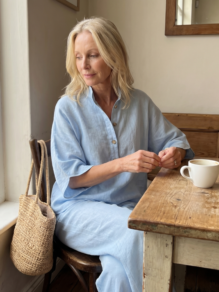 Relaxed fit women's button-front tunic and matching straight-leg trousers for everyday style.