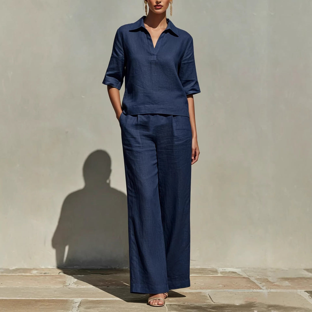 Women's relaxed collared top & wide-leg trousers two-piece set in a comfortable, chic style for casual wear.