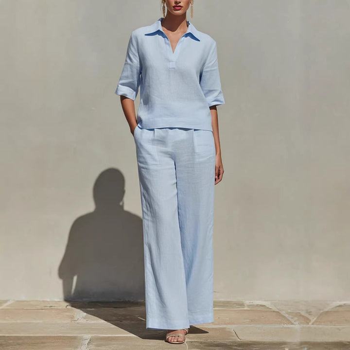 Stylish women's collared top & wide-leg trousers set, perfect for summer outings or comfortable holiday wear.