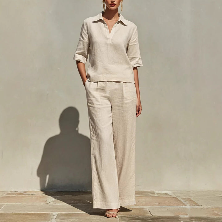 Coordinated women's relaxed fit collared top & wide-leg trousers set, ideal for versatile chic fashion.