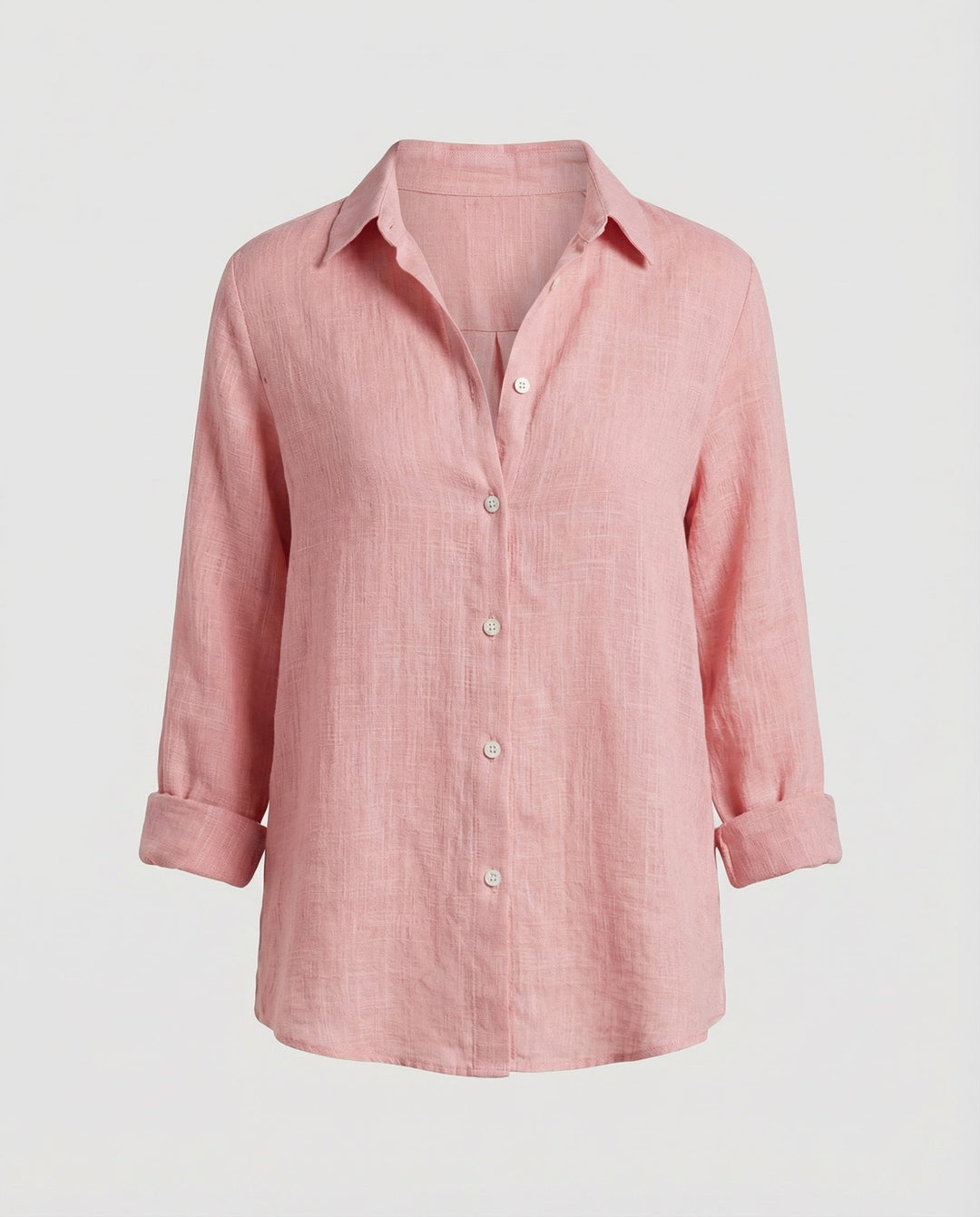 Versatile women's three-quarter sleeve button-up shirt, relaxed fit casual top for effortless office & daily wear.