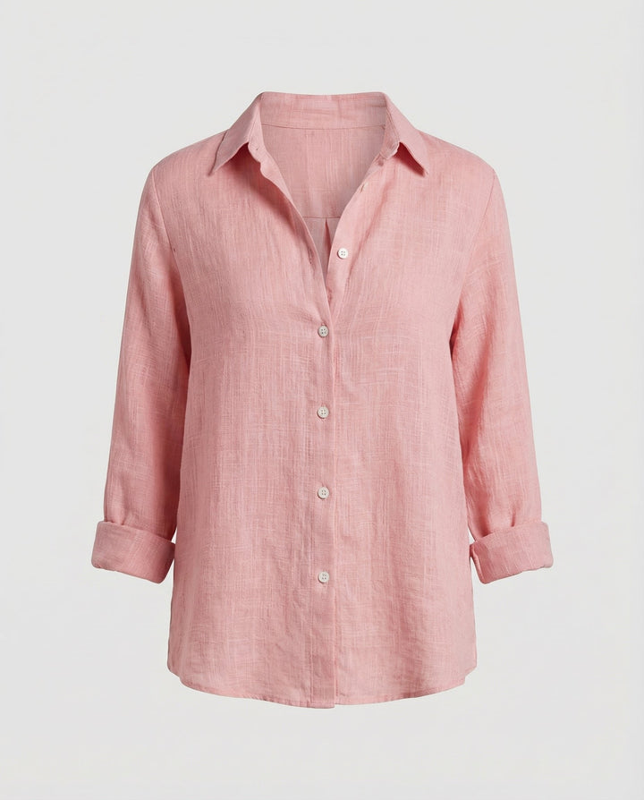 Versatile women's three-quarter sleeve button-up shirt, relaxed fit casual top for effortless office & daily wear.