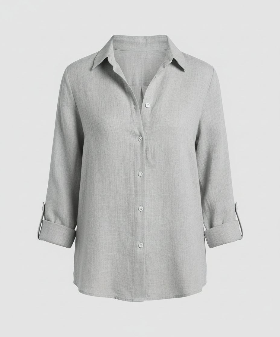 Classic women's three-quarter sleeve relaxed fit shirt, a chic button-up blouse for smart casual clothing.