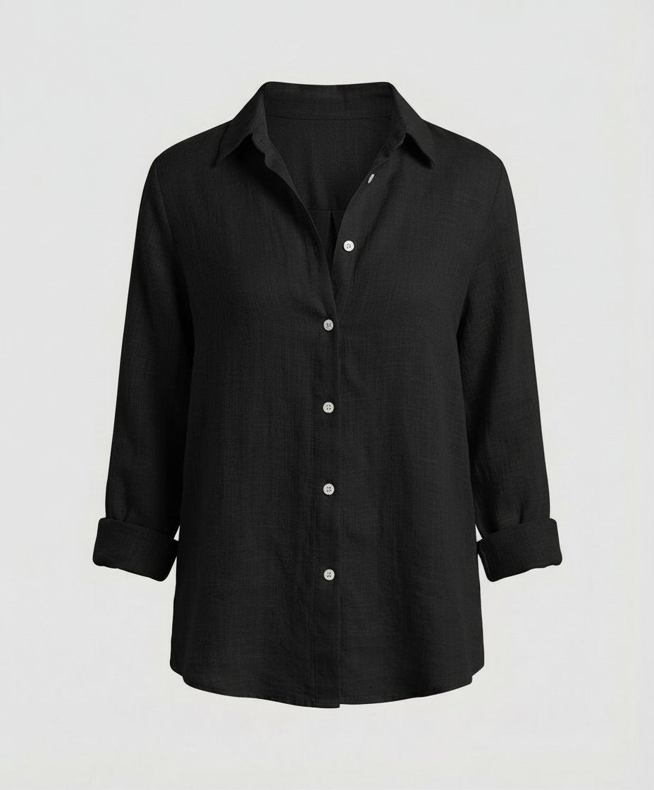 Everyday women's relaxed fit three-quarter sleeve shirt, button-up casual top for versatile smart casual style.