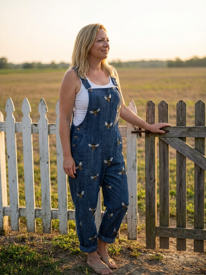 Sleeveless women's blue printed jumpsuit featuring thin straps & a comfortable relaxed fit for warm weather style.