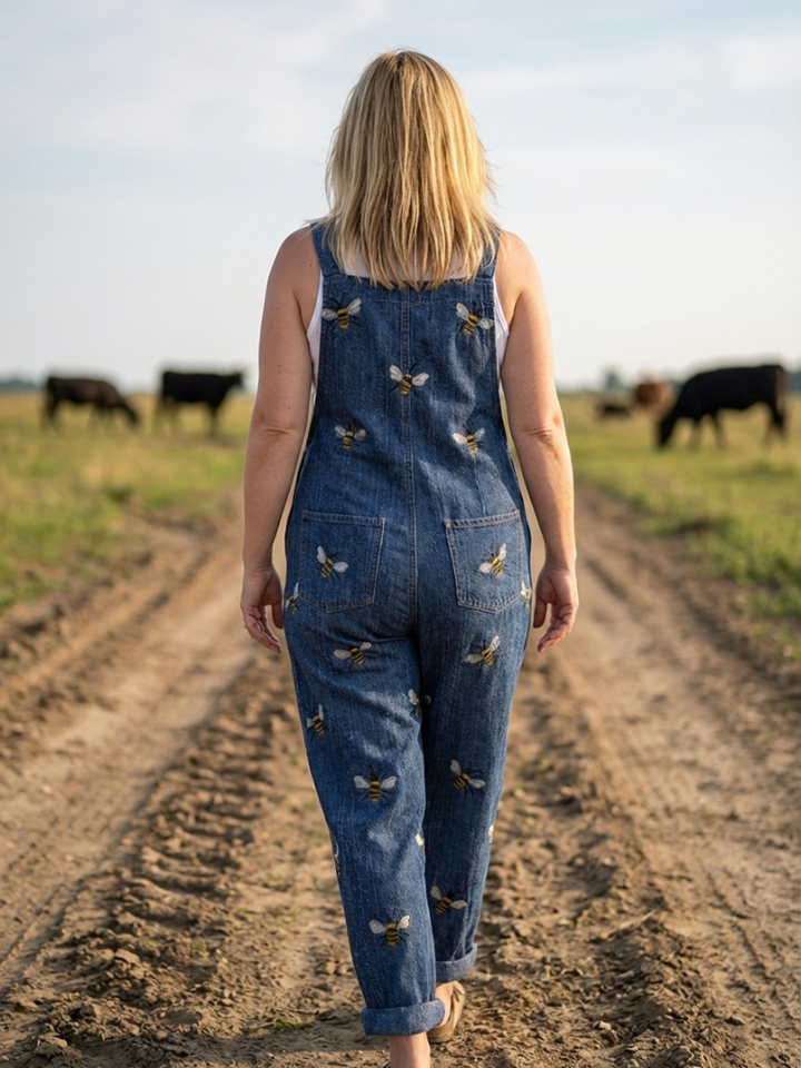 Blue relaxed fit women's full-length jumpsuit with stylish all-over print and elegant thin straps for summer comfort.