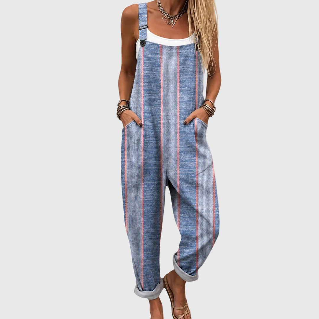 Women's relaxed fit blue striped overalls, perfect for casual summer comfort wear. Stylish denim dungarees.