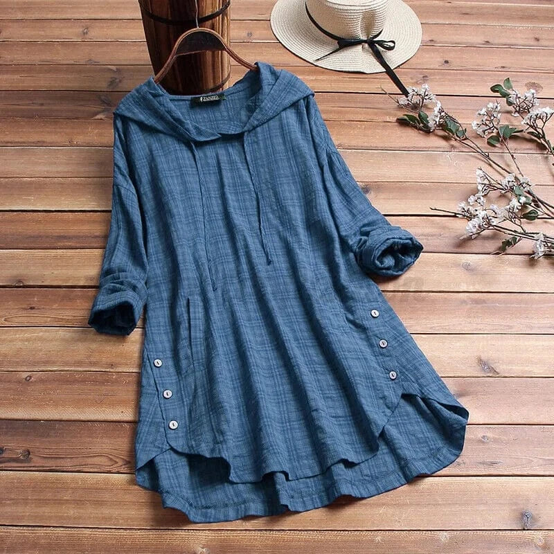 Women's relaxed fit bohemian tunic hoodie. Flowy long sleeve top for casual comfort & everyday chic fashion.