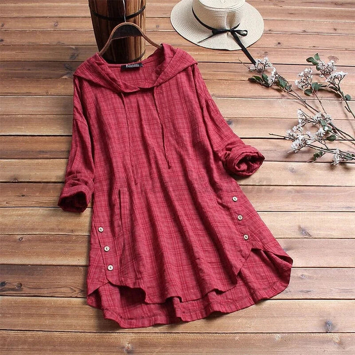 Chic women's bohemian tunic hoodie. Flowy, relaxed fit, long sleeve design ideal for casual everyday wear.