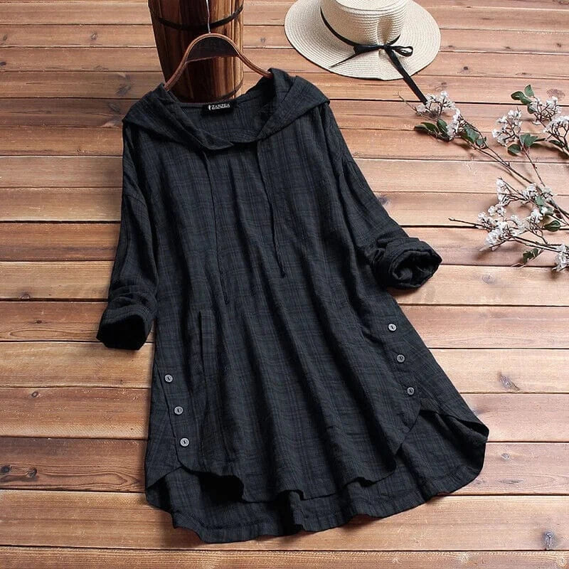 Everyday women's relaxed fit bohemian tunic hoodie. Oversized, flowy long sleeve top for casual comfort.