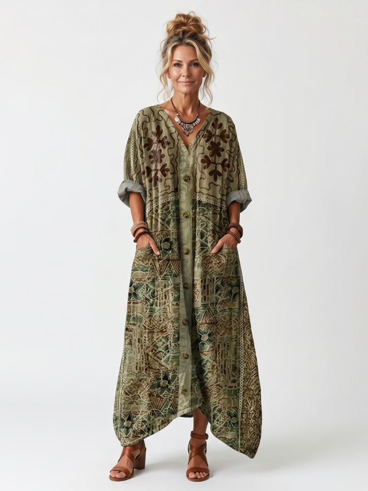 Women's relaxed fit boho embroidered midi dress with convenient side pockets, perfect for summer casual wear.