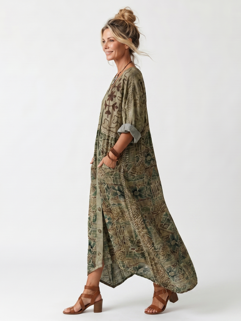 Bohemian style women's relaxed midi dress with intricate embroidery, ideal for summer fashion & everyday comfort.