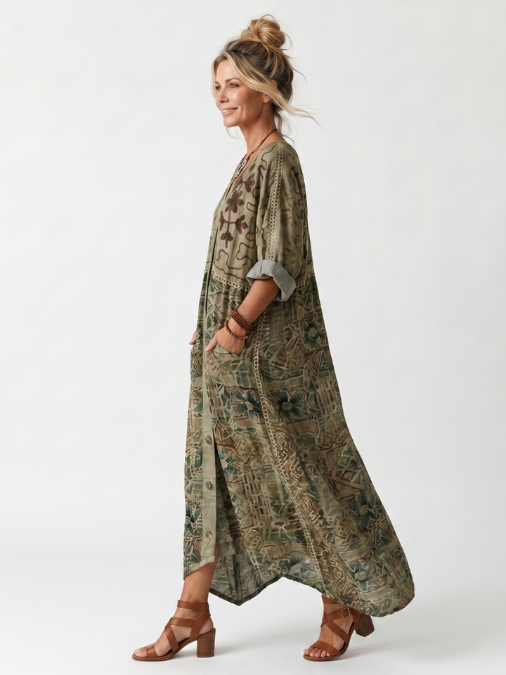 Bohemian style women's relaxed midi dress with intricate embroidery, ideal for summer fashion & everyday comfort.