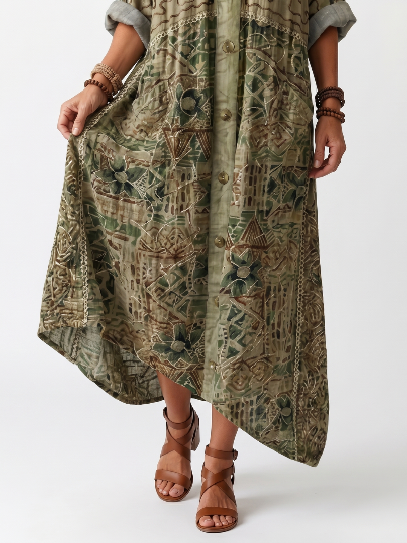 Close-up of the delicate embroidery on a relaxed boho midi dress, showing intricate patterns & soft fabric.