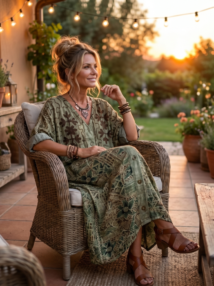 Comfortable women's relaxed fit boho midi dress with intricate embroidery, a versatile piece for casual & everyday wear.