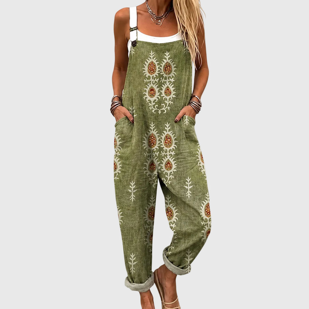 Women's relaxed fit boho olive green overalls jumpsuit. Comfortable loose casual wear for spring & summer fashion.