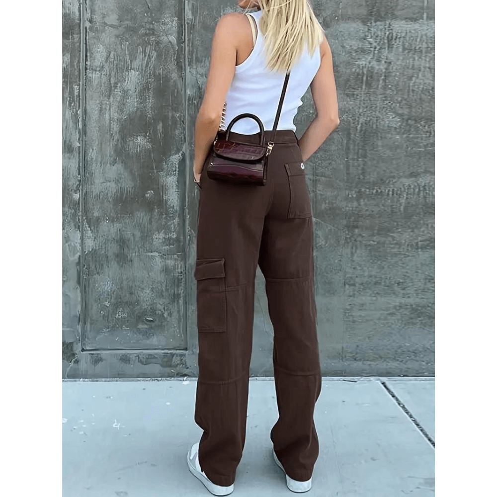 Versatile black relaxed fit cargo trousers for women, ideal for casual and everyday stylish outfits.
