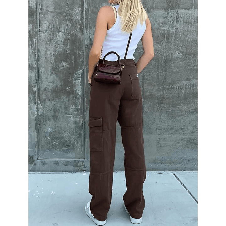 Versatile black relaxed fit cargo trousers for women, ideal for casual and everyday stylish outfits.