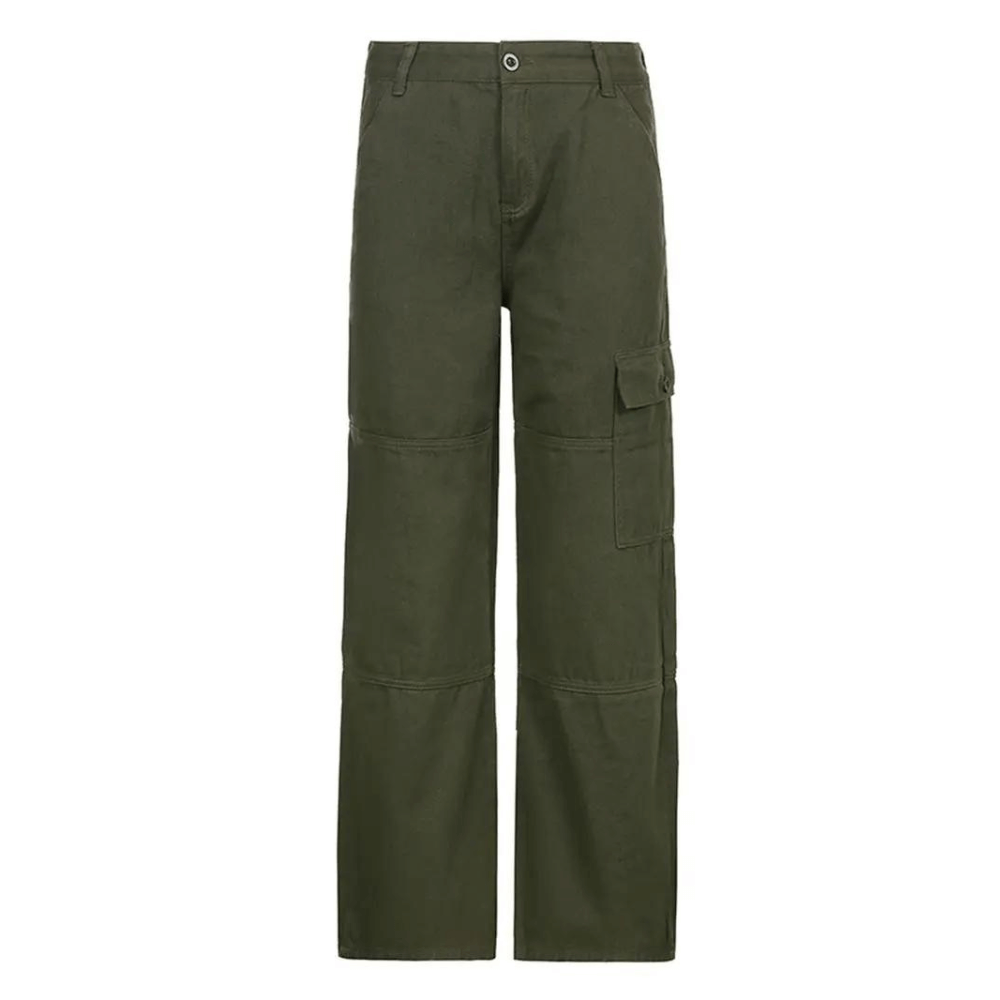 Modern olive green relaxed fit cargo pants for women, a stylish choice for casual and everyday outfits.