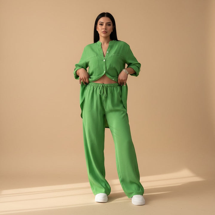 Stylish women's wide-leg pants and button-down shirt set in a cozy, relaxed fit. Great for casual comfort.