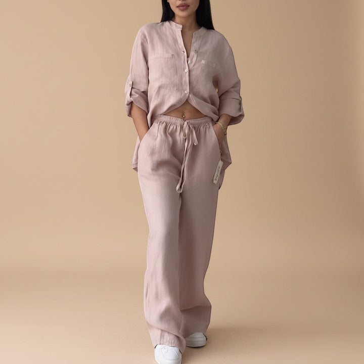 Breathable women's summer set with a relaxed button-down shirt and wide-leg pants for ultimate comfort.