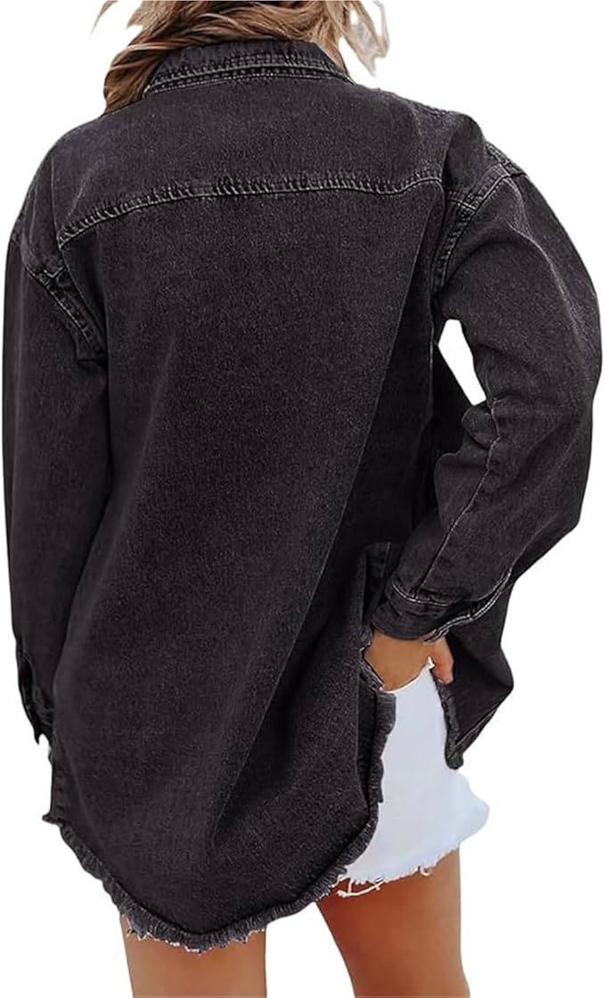 Chic women's oversized jacket with pointed collar, button front, & drop shoulders, perfect for spring/fall.