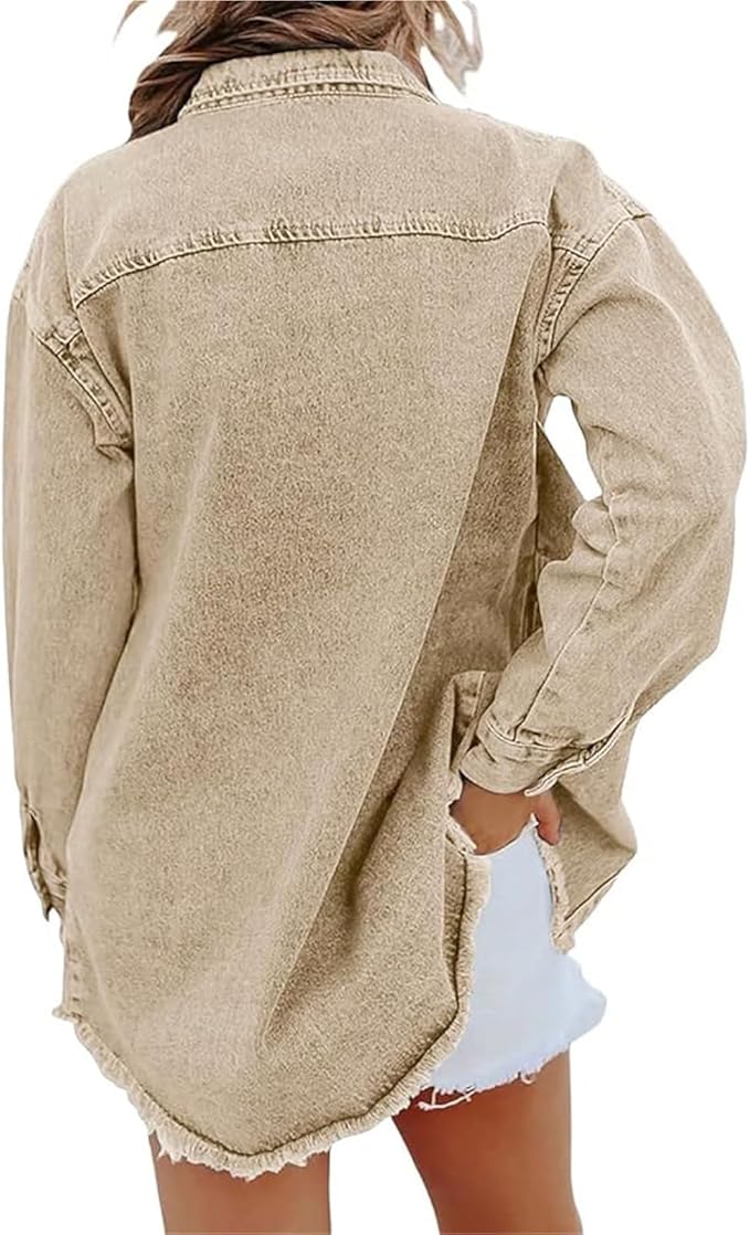 Relaxed fit women's casual jacket, button-front, drop shoulders, & pointed collar. Ideal for everyday wear.