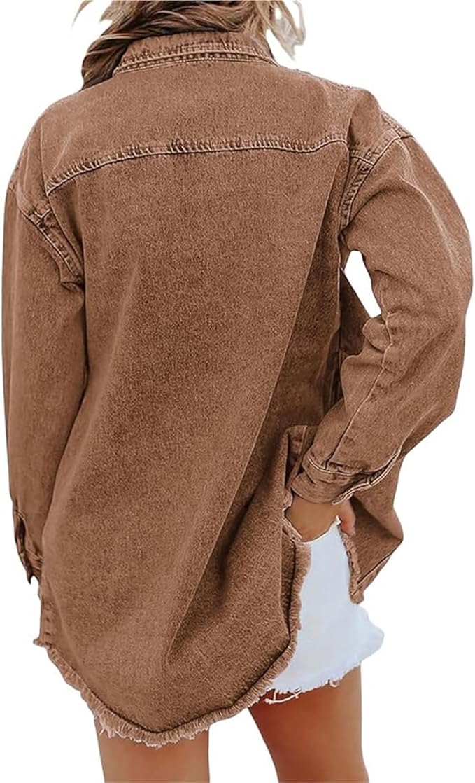 Versatile women's button-front jacket with pointed collar & drop shoulders. Great for fall & spring layering.