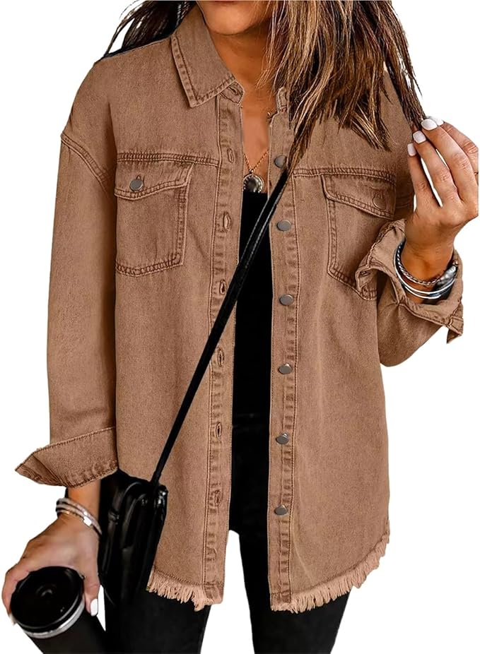 Women's casual oversized jacket with a pointed collar, full button front, & modern drop shoulders.