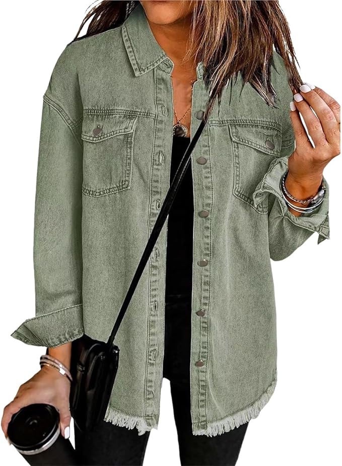 Comfortable relaxed fit women's jacket, featuring a pointed collar, button front, & stylish drop shoulders.