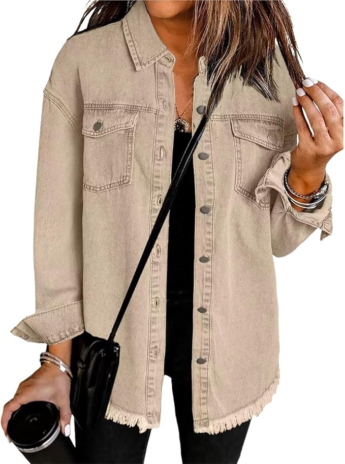 Women's spring/fall jacket. Relaxed silhouette, pointed collar, button-front closure & drop shoulders.