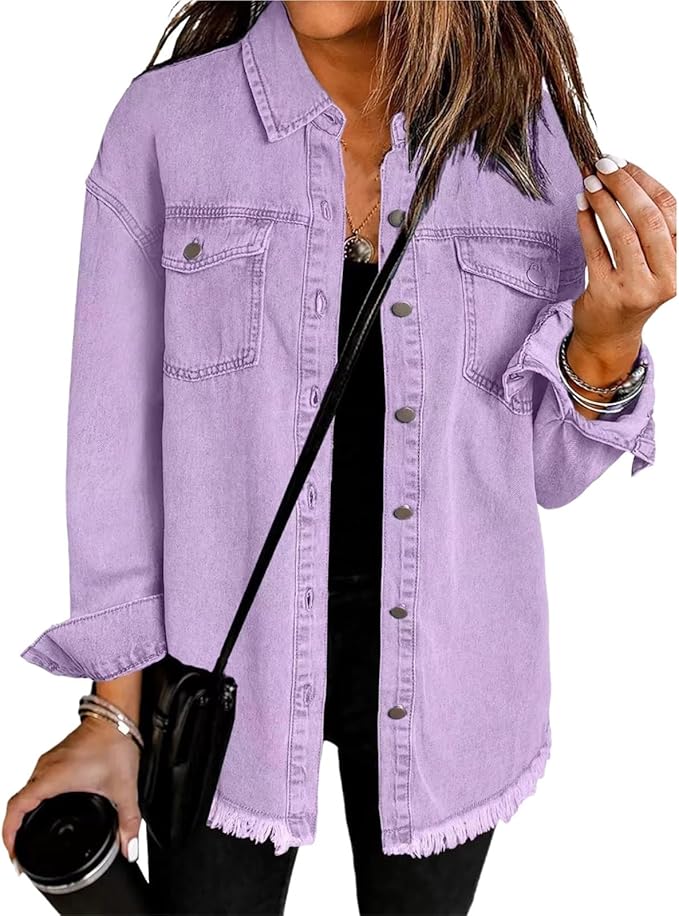 Everyday women's jacket: relaxed fit, pointed collar, button front, & drop shoulders for a casual, chic look.