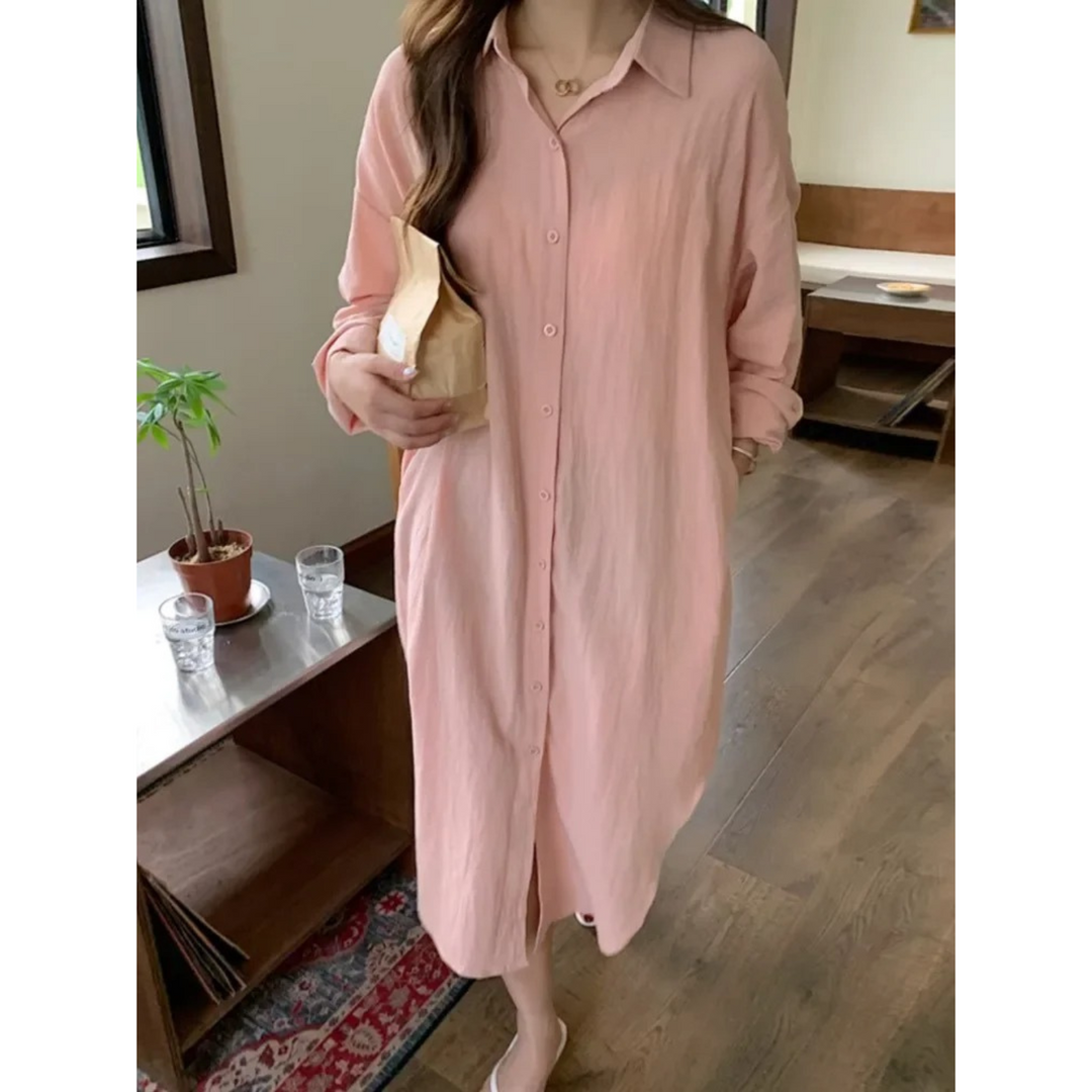 Stylish women's long sleeve maxi dress with a full button front, offering a comfortable, relaxed fit.