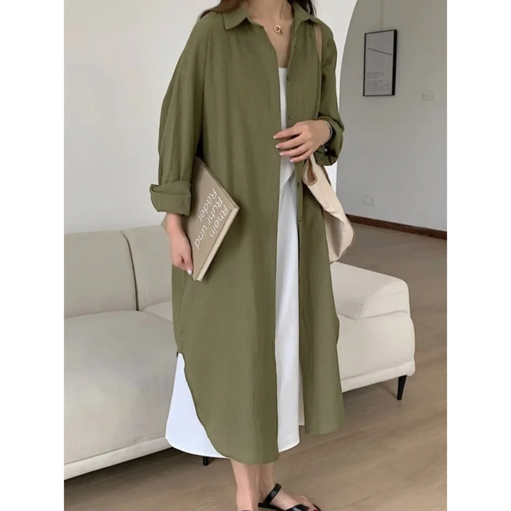 Versatile women's button-front shirt dress, a relaxed fit long sleeve maxi for everyday elegance.