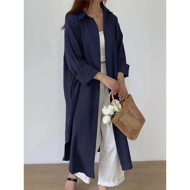 Casual yet chic women's relaxed fit maxi dress, featuring long sleeves and a sophisticated button-front.